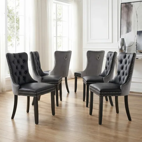 Miniatura 12 de Velvet Dining Chairs Set of 2, Tufted High Chairs with Nailhead Trim, Pull Ring, Black Solid Wood Legs, Elegant Upholstered Accent Chairs for Dining