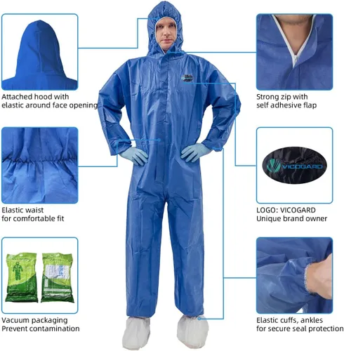 Miniatura 2 de Vicogard Monos Protectores Desechables Coveralls, Cremallera Frontal Cintura Elástica y Puños en Tobillos, Traje de Aislamiento SMS con Capucha