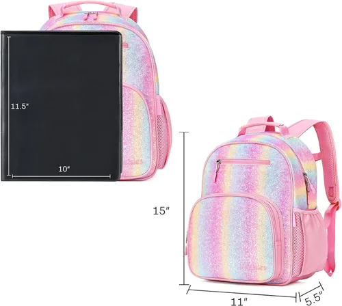 Miniatura 9 de mibasies Mochila para niñas y niños, ideal para niños y niñas, mochila para preescolar jardín de infantes y primaria, Glitter Rainbow, Niños-15"H