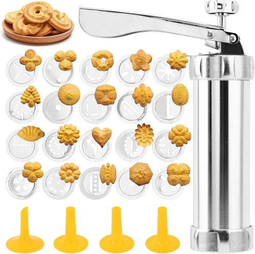 Pistola de prensa manual de galletas de acero inoxidable, kit para hacer churro con 20 discos de galletas y 4 puntas de tubería para hacer pasteles