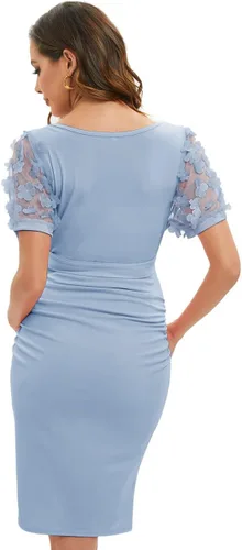 Miniatura 5 de ZIUMUDY Vestido ajustado de maternidad de manga corta con diseño de obispo de malla floral para sesión de fotos de maternidad, vestido de baby shower