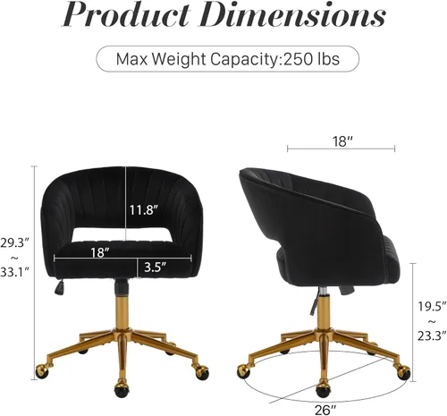Miniatura 3 de Silla de escritorio giratoria para oficina en casa, moderna silla de escritorio de terciopelo, sillón de altura ajustable con base dorada, silla