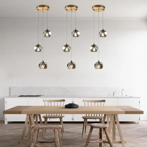 Miniatura 2 de Lámpara colgante de cristal de prisma de 3 luces, moderna lámpara colgante de cristal ahumado de 9 W, iluminación colgante de techo redondo triple