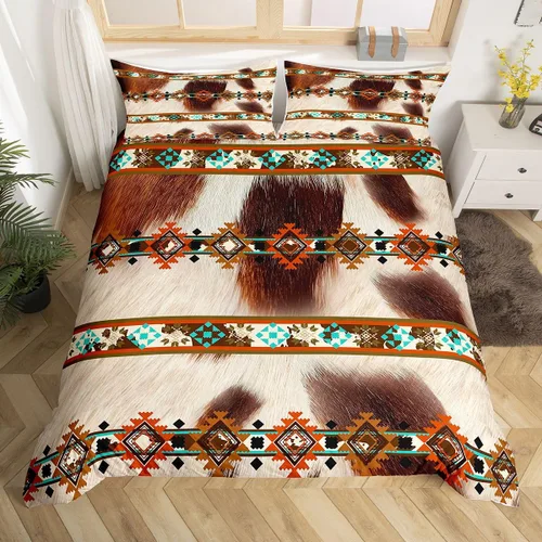 Miniatura 23 de Erosebridal Funda de edredón de piel de vaca marrón con estampado de vaca de las tierras altas, juego de ropa de cama occidental exótico azteca