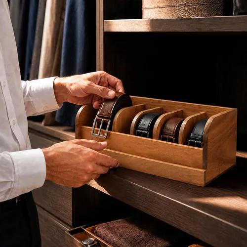 Miniatura 4 de Caja Organizadora de Cinturones de Madera de Acacia MinBoo, Estante de Cinturones de 6 Rejillas para Clóset y Cajón, Organizador y Expositor