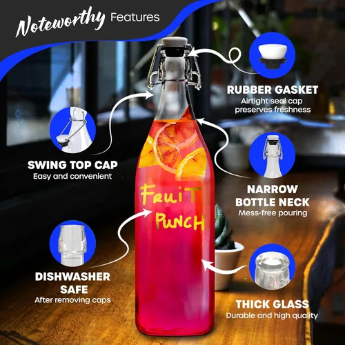 Miniatura 2 de Nevlers Botellas de vidrio con tapa abatible de 33 onzas con tapones, botella de vidrio abatible con tapa, paquete de 6 botellas resellables de 1