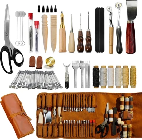 Runfider Juego de herramientas de trabajo de cuero, 72 piezas, kit profesional de herramientas de artesanía de cuero para principiantes con tallado,