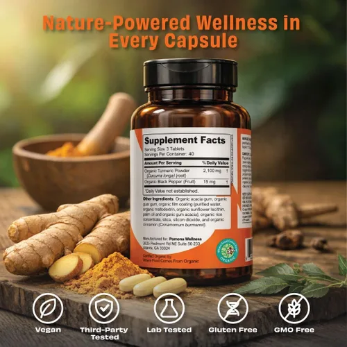 Miniatura 3 de Pomona Wellness Suplemento orgánico de cúrcuma de 2100 mg, USDA orgánico, sin OMG, vegano, curcumina de cúrcuma con pimienta negra para absorción