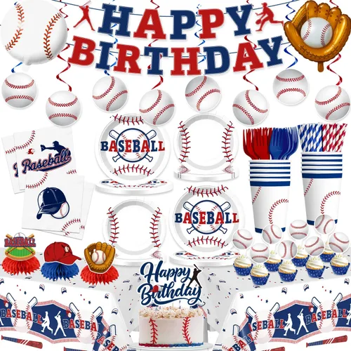 Xynic Juego de vajilla de 202 piezas de decoración de cumpleaños de béisbol para 25 invitados, decoraciones de fiesta de béisbol incluyen pancarta,
