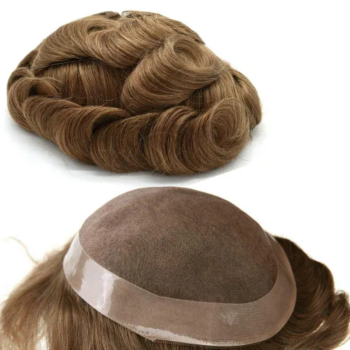 Miniatura 11 de Peluca de cabello humano monofilamento fino para hombre tipo tupé de polietileno alrededor del sistema de cabello, peluca duradera de monofilamento