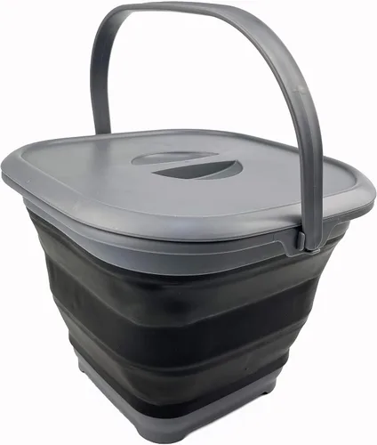 SAMMART Cubo cuadrado plegable de 8.5 L (2.2 galones) con tapa/cubo de agua cuadrado plegable con tapa/bañera portátil con asa y tapa (gris/negro)
