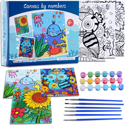 Paquete de 3 kits de pintura por números para niños de 8 a 12 años, 10 x 8 pulgadas, color por número, lienzo enmarcado para niños, con 18 botes de