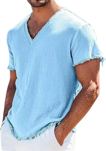 Miniatura 9 de Mens Cotton Linen Short Sleeve Shirts Retro Frayed Casual V-Neck Beach Hippie Tshirts Lightweight Summer Resort Tops