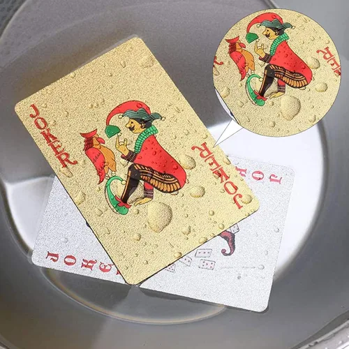 Miniatura 3 de Joyoldelf 2 barajas de cartas de juego de 24 quilates, póquer impermeable con patrón de dólar en caja de regalo, 1 oro + 1 plata