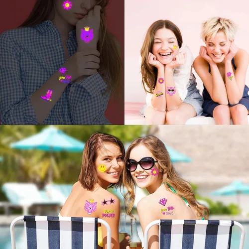 Miniatura 6 de Konsait Tatuajes temporales de neón, 48 estilos Tatuajes de vaquera de discoteca rosa con luz negra para despedidas de soltera y fiestas