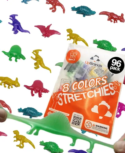 UpBrands Juego de 96 dinosaurios elásticos de 2 1/2 pulgadas, 8 colores de purpurina, kit para recuerdos de fiesta de cumpleaños para niños, bolsas