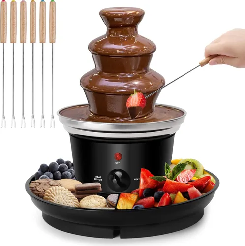 Fuente de fondue de chocolate de 16 onzas, mini fuente de chocolate de 3 niveles con 6 tenedores de fondue y bandeja de extracción de frutas/frutos