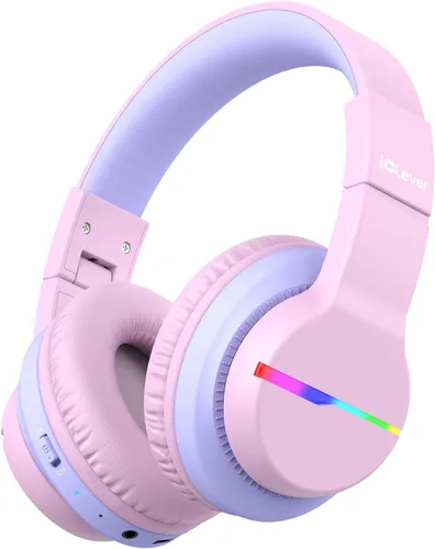 iClever BTH12 Auriculares Bluetooth para niños, luces LED coloridas, volumen seguro de 74/85 dBA, tiempo de reproducción de 85 horas, Bluetooth 5.2,