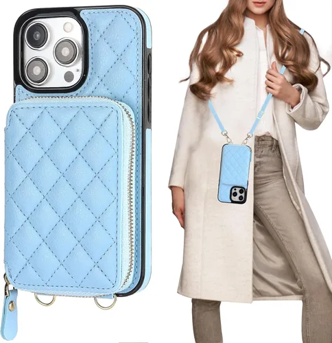 Miniatura 18 de Bocasal Funda tipo cartera cruzada para iPhone 15 Pro Max, con bloqueo RFID, de piel sintética, con cremallera, funda tipo cartera con función atril