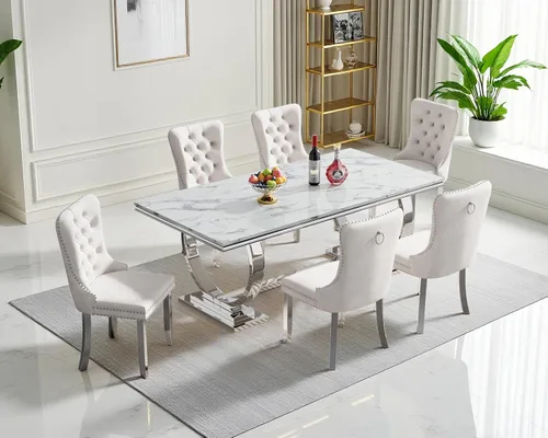 Miniatura 42 de Juego de mesa de comedor de mármol para 4, mesa de cocina rectangular de mármol blanco de 70 pulgadas con base en O de acero inoxidable dorado