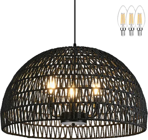 Miniatura 10 de Ayshwill Dec Lámpara de araña negra tejida estilo boho de ratán y mimbre con cúpula, lámpara colgante para comedor, dormitorio, isla de cocina