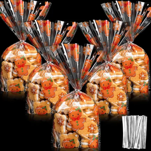 Miniatura 8 de Outus 100 piezas de bolsas de regalo de Navidad, bolsas de celofán con copos de nieve y Santa Claus, recipientes planos de plástico de celofán