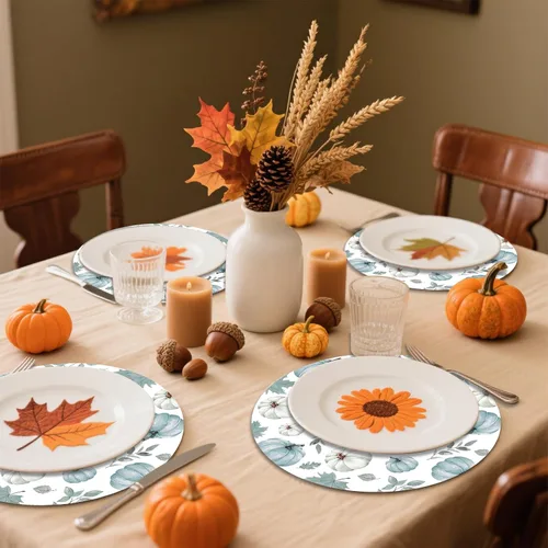 Miniatura 5 de Tarklanda Juego de 6 manteles individuales de calabaza de otoño - 13.4 pulgadas redondos lavables de vinilo para mesa, manteles individuales