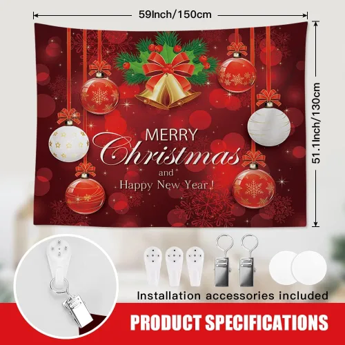 Miniatura 4 de OTOSTAR Tapiz de Navidad con diseño de bola de Navidad, Feliz Navidad y Feliz Año Nuevo, tapiz para colgar en la pared, adornos de Navidad, adornos
