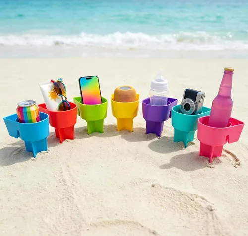 Miniatura 5 de Portavasos para la playa Home Queen con bolsillo, soporte multifuncional para arena para bebidas, teléfono, gafas de sol y llaves, accesorio