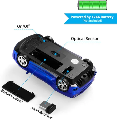 Miniatura 5 de Ratón de computadora de coche deportivo [actualizado] con faros LED, 1600 DPI 2.4 GHz ratón inalámbrico para PC y Mac, azul