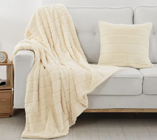 Miniatura 4 de Manta de piel sintética, felpa suave de doble cara, elegante decoración cálida a rayas para cama, sofá y silla (individual/crema)