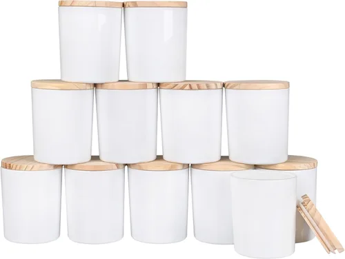 Miniatura 35 de SHOWIN Tarros de vela gruesos de 14 OZ para hacer velas 12 Piezas, tarros vacíos de 3 mechas con tapas de madera para hacer velas, recipiente