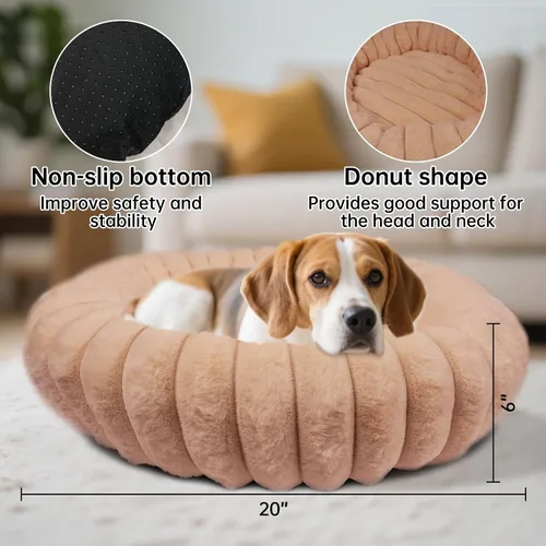 Miniatura 2 de Cama en forma de dona para perros y gatos, lujosas y cómodas camas de piel sintética de conejo para mascotas, suave, antiansiedad, calmante