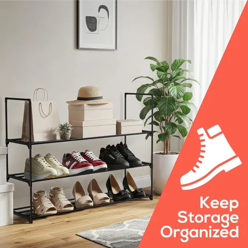 Miniatura 3 de Zapatero negro de 3 niveles, estante grande de 36 pulgadas con capacidad para 15 pares de zapatos, zapatero resistente para entrada, dormitorio