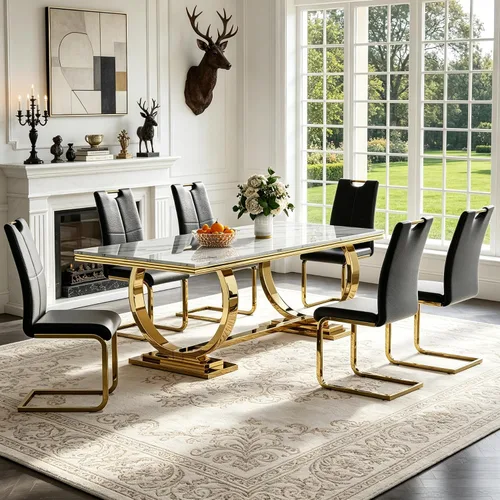 Miniatura 60 de 5 Piece Black Marble Dining Table Set for 4, Modern Faux Marble Kitchen Dining Room Tables with 4 Leather Chairs Set, 68.11" Luxury Rectangular