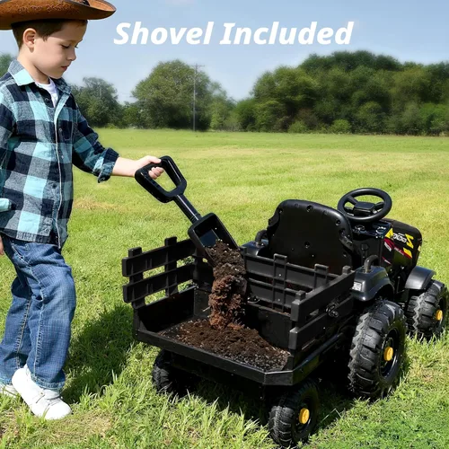 Miniatura 5 de Hikiddo Juguete tractor de paseo para niños de 24 V, tractor eléctrico para niños de 3 a 8 años con remolque, motores de 2 x 200 W, color negro