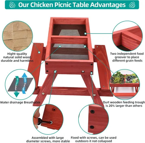Miniatura 3 de Mesa de picnic de pollo, comedero de pollo sin desperdicios hecho a mano de madera, kit grande de comedero de pollo para bricolaje, comederos
