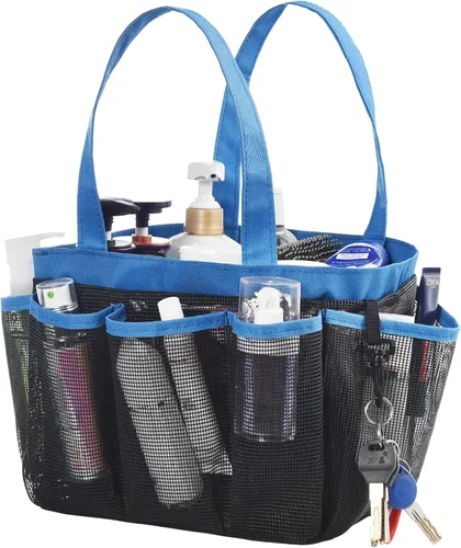 Cesta de ducha de malla, 8 bolsillos grandes, bolsa de ducha de secado rápido, organizador de baño portátil para dormitorio universitario, color azul
