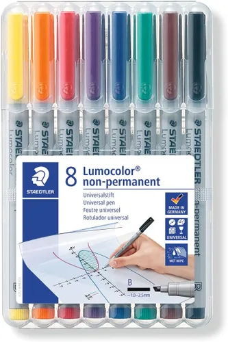 Staedtler Lumograph - Rotuladores de borrado en húmedo no permanentes, punta ancha, marcadores de colores de bajo olor, paquete de 8, 312 WP8