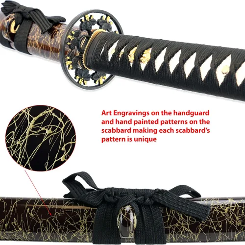 Miniatura 3 de Vulcan Gear Espada samurái katana japonesa de hoja negra sagrada hecha a mano con soporte de espada de madera y vaina