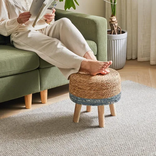 Miniatura 4 de YMYNY Taburete para pies, tejido de mano natural de algas marinas, 12.6 pulgadas, natural+azul HBD027Q Otomana pequeña, reposapiés redondo, patas