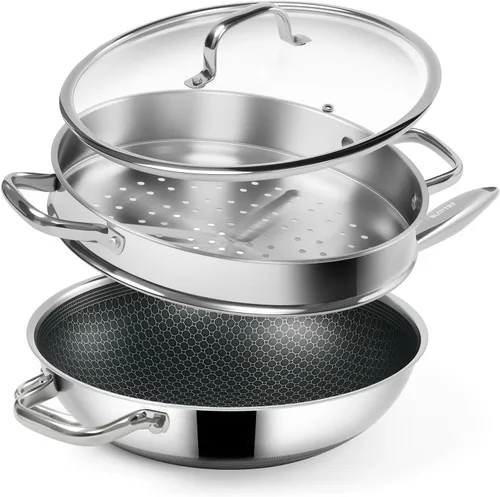 Miniatura 8 de SLOTTET Wok híbrido de 12 pulgadas con tapa, woks antiadherentes de acero inoxidable y sartenes para saltear, mango que se mantiene frío, utensilios