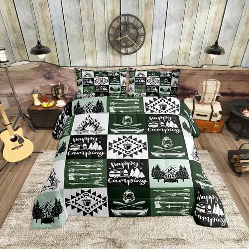 Miniatura 35 de Happy Camping - Juego de edredón de 3 piezas, tamaño Queen, retro, azul, rojo, blanco, rayas de madera, para niños, adolescentes, adultos, Multi 19