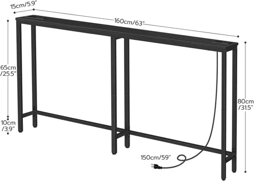 Miniatura 3 de HOOBRO - Mesa de consola estrecha de 63" con estación de carga, mesa de sofá de 5.9" con 2 tomas de corriente y puertos USB, mesas largas de entrada