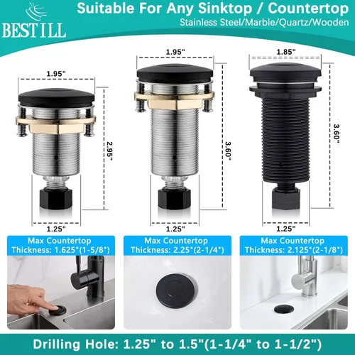 Miniatura 6 de BESTILL Kit de Interruptor de Aire para Fregadero de Triturador de Basura con Salida Única, Botón Pulsador de 3.6 Pulgadas de Largo Negro Mate