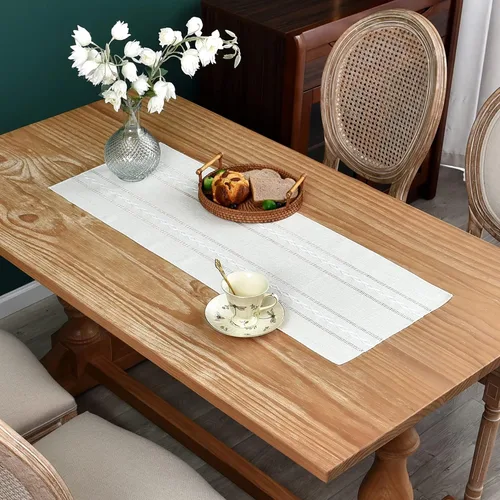 Miniatura 15 de Camino de mesa rústico de granja con rayas trenzadas, caminos de mesa bordados, decoraciones de mesa para cocina, sala de estar, comedor, días