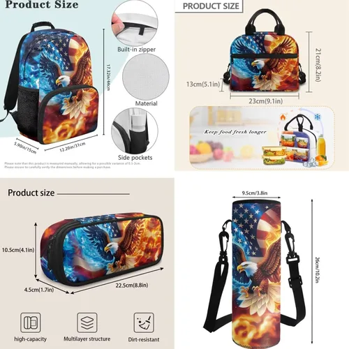 Miniatura 5 de Bulopur Eagle American Flag Print Kids Backpack Boys Elementary School 17 Inch Bookbag With Lunch Bag Water Bottle Holder Keychain Pencil Case 5