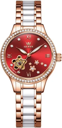 Miniatura 9 de OLEVS Relojes automáticos para mujer, reloj de vestir de lujo con diamantes para mujer, correa de cerámica de cuerda automática, impermeable, juego