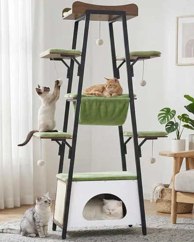 Miniatura 12 de Torre moderna de árbol para gatos de 46 pulgadas para gatos grandes, torre para gatos de varios niveles con bolas de juguete juguetonas, percha