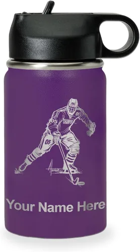 Miniatura 36 de LaserGram Botella de agua personalizada, jugador de hockey, acero inoxidable de doble pared aislada al vacío con popote superior, regalo grabado